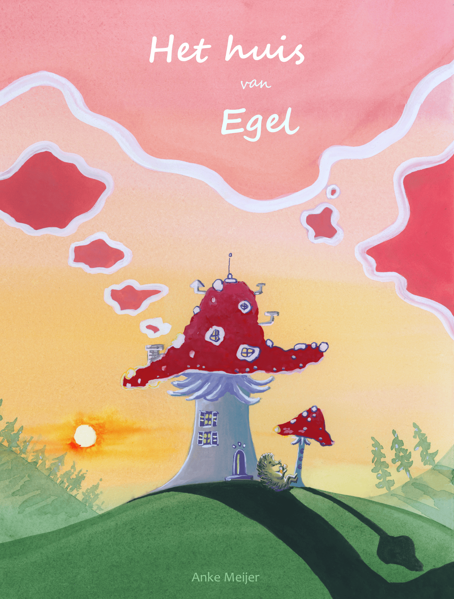 Omslag illustratie / cover voor kinderboek of prentenboek. Het huis van Egel. Egel zit onder een paddenstoel.